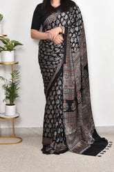 AJRAKH BLACK BIG FLORAL MODAL SILK DIGITAL PRINTED SAREE