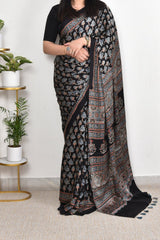 AJRAKH BLACK BIG FLORAL MODAL SILK DIGITAL PRINTED SAREE