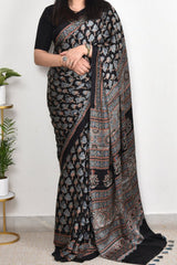 AJRAKH BLACK MODAL SILK DIGITAL PRINTED SAREE