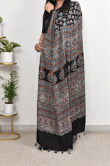 AJRAKH BLACK BIG FLORAL MODAL SILK DIGITAL PRINTED SAREE