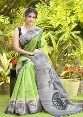 Gray & Green Design Cotton Linen Saree