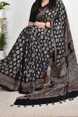 AJRAKH BLACK BIG FLORAL MODAL SILK DIGITAL PRINTED SAREE