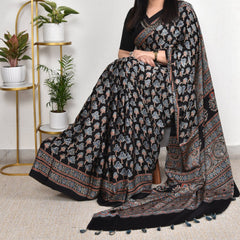 AJRAKH BLACK MODAL SILK DIGITAL PRINTED SAREE