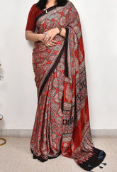 AJRAKH MAROON MODAL SILK DIGITAL PRINTED SAREE