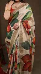 Beige Leaf Designer Linen Saree
