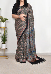 AJRAKH BLACK AND STAR MODAL SILK DIGITAL PRINTED SAREE