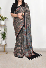 AJRAKH BLACK AND STAR MODAL SILK DIGITAL PRINTED SAREE