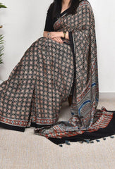 AJRAKH BLACK AND STAR MODAL SILK DIGITAL PRINTED SAREE