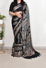 AJRAKH BLACK AND BLUE EYES MODAL SILK DIGITAL PRINTED SAREE
