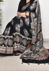 AJRAKH BLACK AND BLUE EYES MODAL SILK DIGITAL PRINTED SAREE