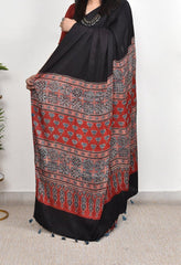AJRAKH BLACK AND MAROON MODAL SILK DIGITAL PRINTED SAREE