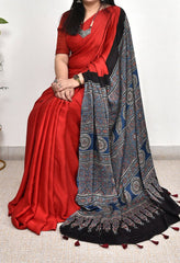 AJRAKH RED PLAIN MODAL SILK DIGITAL PRINTED SAREE