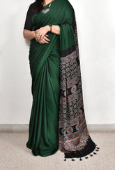 AJRAKH PALLU DARK FOREST GREEN MODAL SILK DIGITAL PRINTED SAREE