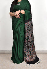 AJRAKH PALLU DARK FOREST GREEN MODAL SILK DIGITAL PRINTED SAREE
