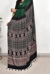 AJRAKH PALLU DARK FOREST GREEN MODAL SILK DIGITAL PRINTED SAREE