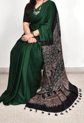 AJRAKH PALLU DARK FOREST GREEN MODAL SILK DIGITAL PRINTED SAREE