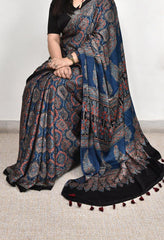 AJRAKH NAVY BLUE MODAL SILK DIGITAL PRINTED SAREE