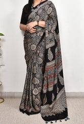 AJRAKH BEAUTIFUL BLACK MODAL SILK DIGITAL PRINTED SAREE