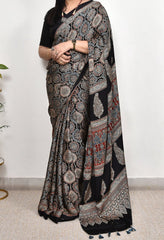 AJRAKH BEAUTIFUL BLACK MODAL SILK DIGITAL PRINTED SAREE