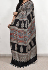 AJRAKH BEAUTIFUL BLACK MODAL SILK DIGITAL PRINTED SAREE