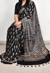 AJRAKH BLACK MODAL SILK DIGITAL PRINTED SAREE