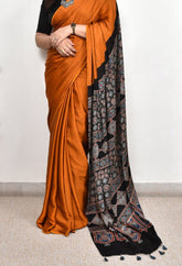 AJRAKH PALLU DARK MUSTRED MODAL SILK DIGITAL PRINTED SAREE