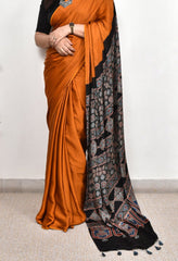 AJRAKH PALLU DARK MUSTRED MODAL SILK DIGITAL PRINTED SAREE
