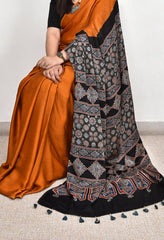 AJRAKH PALLU DARK MUSTRED MODAL SILK DIGITAL PRINTED SAREE