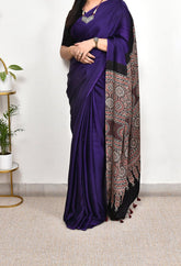AJRAKH ROYAL BLUE WITH PURPAL MODAL SILK DIGITAL PRINTED SAREE