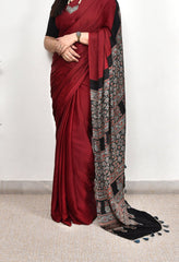 AJRAKH PALLU DARK MAROON MODAL SILK DIGITAL PRINTED SAREE