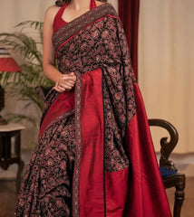 Red Ajrakh Designer Linen saree With Blouse Piece