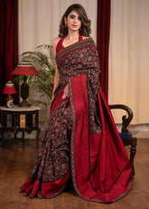Red Ajrakh Designer Linen saree With Blouse Piece