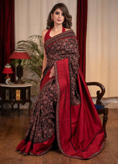 Red Ajrakh Designer Linen saree With Blouse Piece