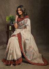 Brown & Cream Leaf Designer Linen Saree