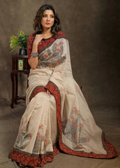 Brown & Cream Leaf Designer Linen Saree