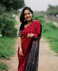 Red Bandhni Print With Ajrakh Pallu Modal Silk Saree With Blouse Piece