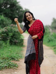 Red Bandhni Print With Ajrakh Pallu Modal Silk Saree With Blouse Piece