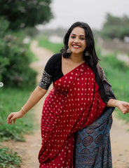 Red Bandhni Print With Ajrakh Pallu Modal Silk Saree With Blouse Piece
