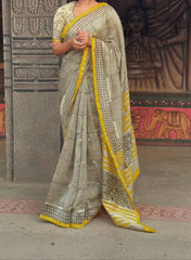 Black Yellow Line Designer Cotton Linen Saree