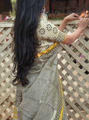 Black Yellow Line Designer Cotton Linen Saree