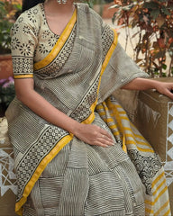 Black Yellow Line Designer Cotton Linen Saree