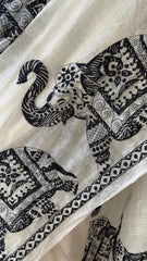 Pure White Elephant Design Cotton Linen Saree