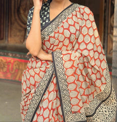 Block Design Cotton Linen Saree