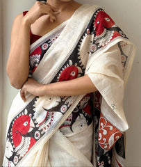 kalamkari Design White & Red Cotton Linen Saree