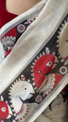 kalamkari Design White & Red Cotton Linen Saree