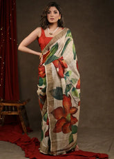 Beige Leaf Designer Linen Saree