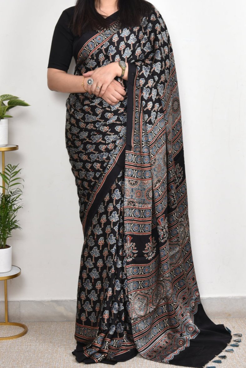 AJRAKH BLACK MODAL SILK DIGITAL PRINTED SAREE