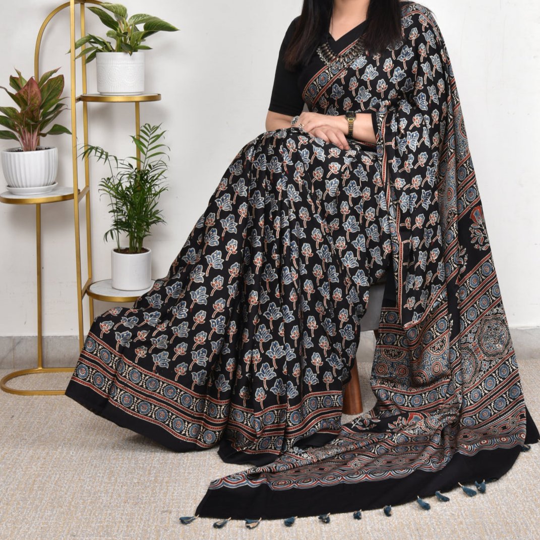 AJRAKH BLACK MODAL SILK DIGITAL PRINTED SAREE