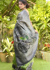 Gray & Green Design Cotton Linen Saree