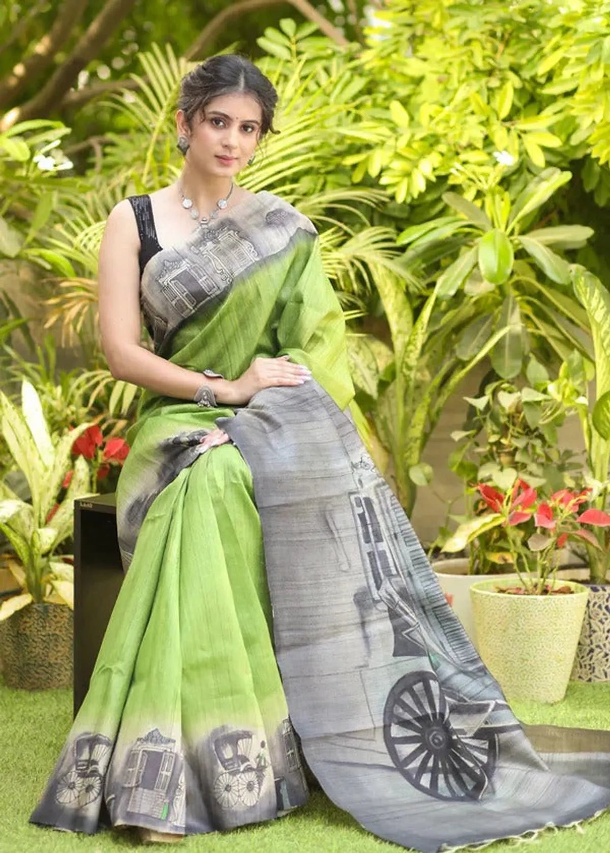 Gray & Green Design Cotton Linen Saree